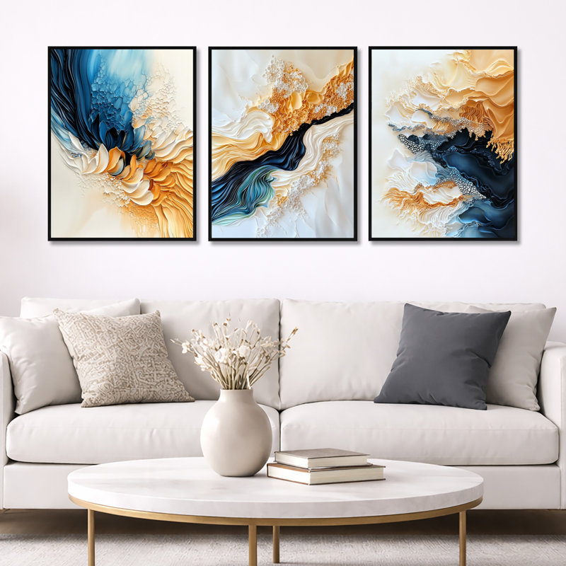 «Abstract Coastal Blue Echo Landscape», reproduction de toile abstraite encadrée 3 pièces, Black Floater Framed