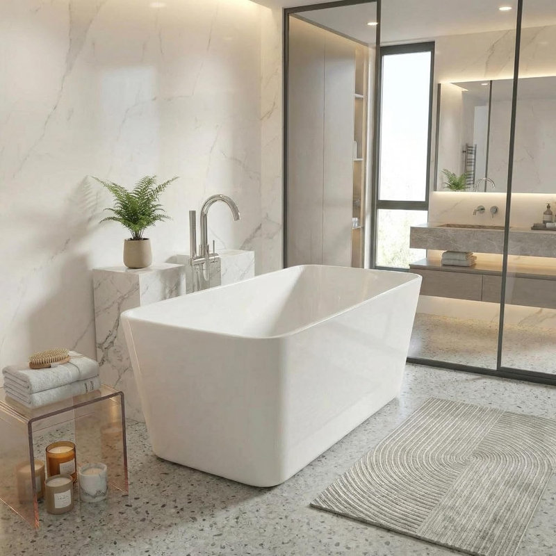 Baignoire autoportante en acrylique de 55 po de conception carrée compacte, finition blanche brillante avec trop-plein chromé et bonde escamotable