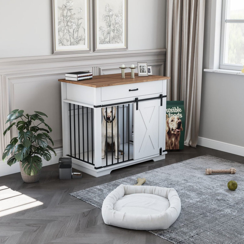 Cage pour chien en bois imperméable et résistante aux rayures, Blanc / Brun