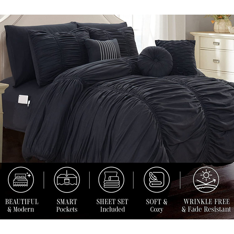 Modern Comforter, Queen Comforter + 10 Standard Pillowcases, Black