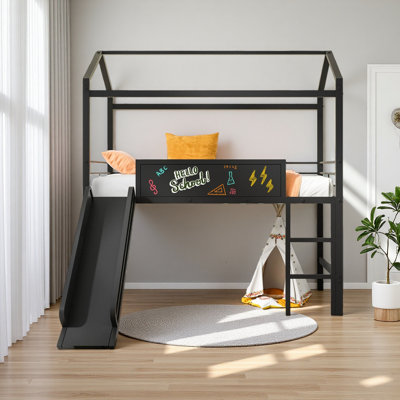 Metal House Bed With Slide, Twin Size Metal Loft Bed With Two-Sided Writable Wooden Board