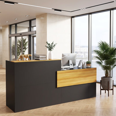 Modern Retail Checkout Counter, L‑Shape Cashier Reception Desk, Wooden Front Station Counter Table for Small Hair Salon, Simple Barber Bar & Company Front Desk