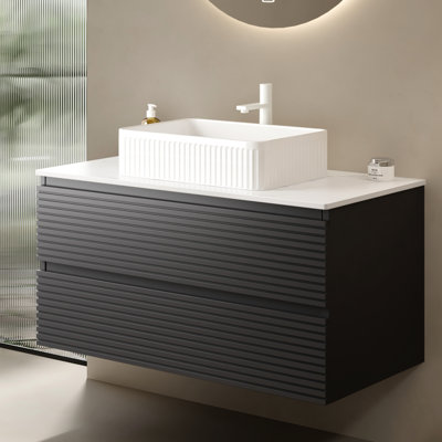Armoire de salle de bain en contreplaqué gris 36 po, déformée, 18 mm d'épaisseur, coulissante, contreplaqué de style scandinave moderne, imperméable, tiroirs spacieux, look