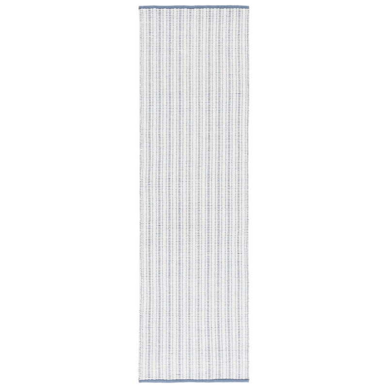 909 Hand Woven Cotton/Wool Striped Rug , Runner 2'3" x 8', Light Blue
