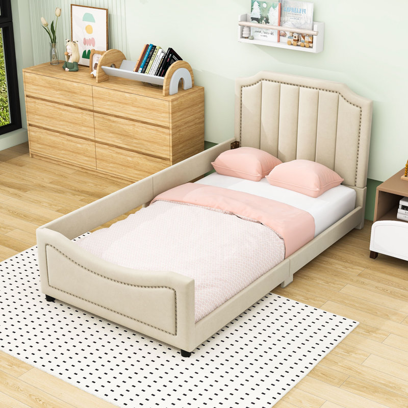 Lit plateforme simple tapissier avec tête de lit rayée, Beige