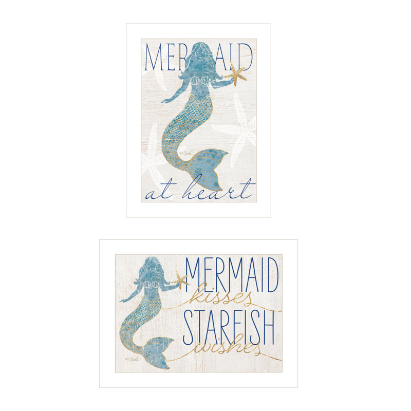 «Two Mermaids», vignette 2 pièces par Kate Sherrill, reproduction encadrée prête à accrocher, cadre blanc