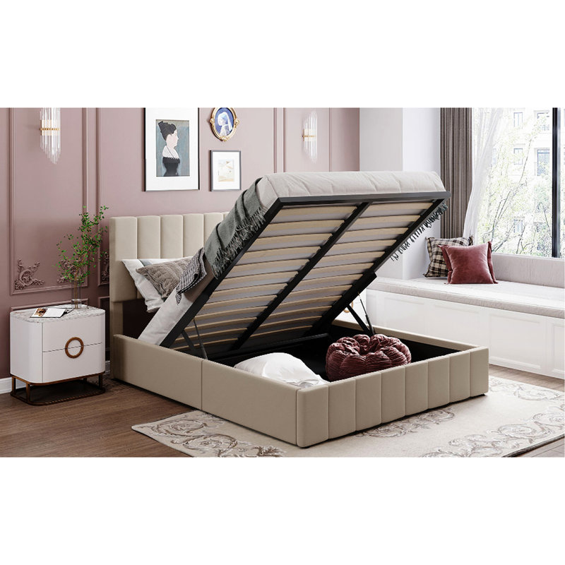 Grand lit avec revêtement beige et rangement hydraulique robuste pour une expérience relaxante, Grand lit, Beige