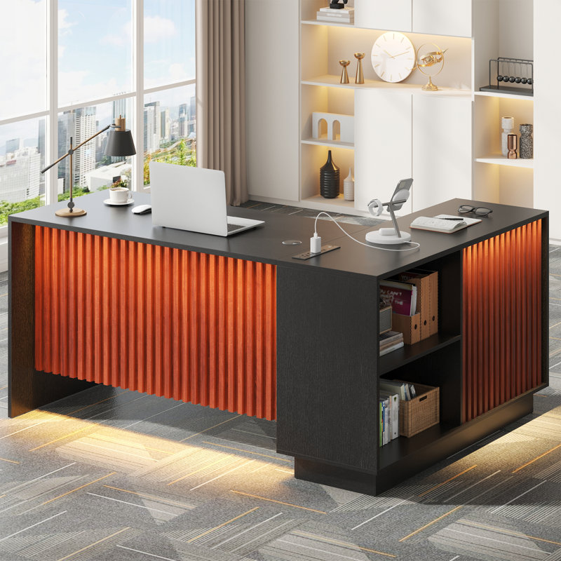 Bureau de direction en L, bureau de bureau personnel avec rangement, tiroirs, classeur et panneau d'intimité, grand bureau d'angle moderne avec station de charge et lumières à DEL, bureau de direction debout (noir)