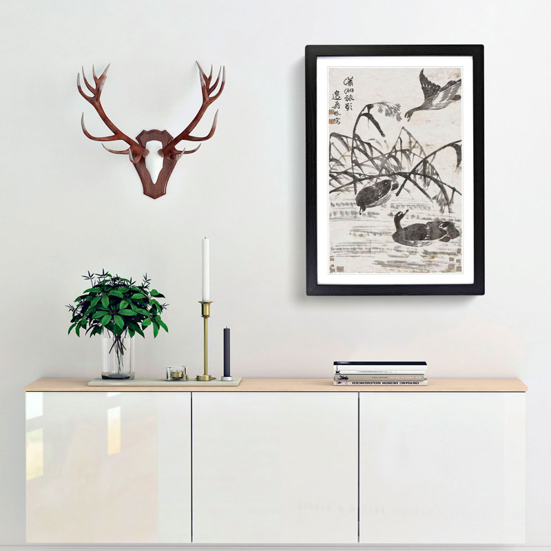 Wild Geese by the Pond by Bian Shoumin - Framed Print, 65cm H x 48cm W x 2cm D, Black Framed