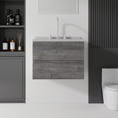 Meuble-lavabo flottant 24 po avec lavabo, porte à fermeture douce, comptoir et dosseret en marbre de granite blanc de 2 po, contreplaqué, gris