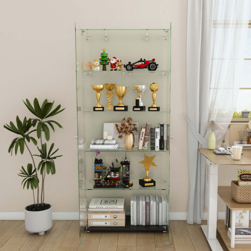 Vitrine à 4 niveaux en verre avec 5 modes DEL dynamiques, portes doubles et tablettes fixes pour un accès facile, vitrine au sol pour le bureau à domicile ou la présentation de magasin