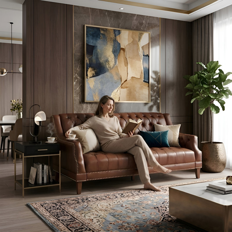 Mid Century Faux Leather Sofa With Solid Wood Legs, Tufted Button Back Sofa For Bedroom/Lliving Room/Guest Room, Brown