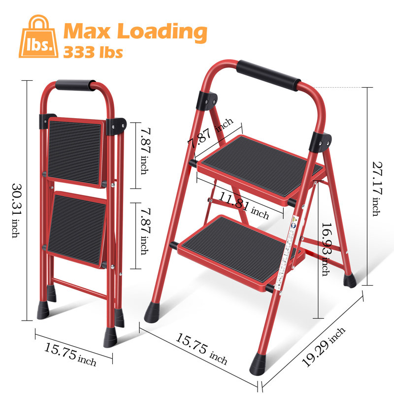 Encinal Metal Folding Ladder 2 Step Ladder,Step Stool, Red