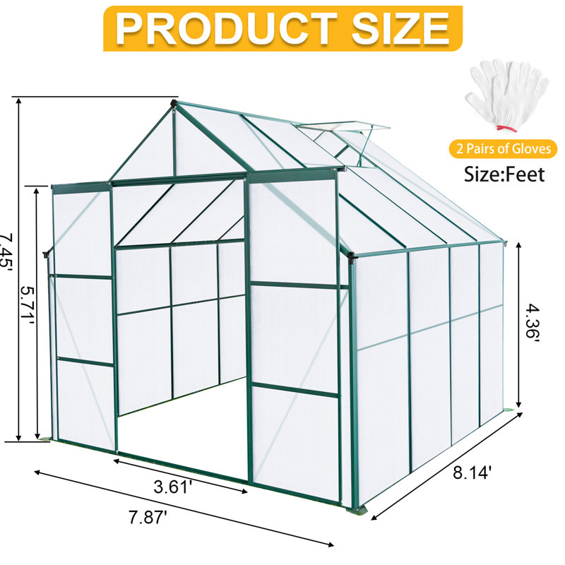 Serre en polycarbonate robuste de 8 pi x 8 pi, base galvanisée, avec une bonne ventilation pour le système de drainage des plantes d'extérieur, en toutes saisons