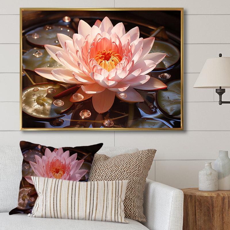 Nénuphars roses et roses, Cadre flottant doré, H 24 po x l 32 po x P 1 po