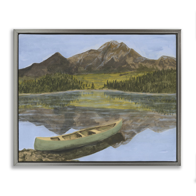 «Alpine Lake with Canoe Grey Floater», art mural par Michael Willett, 25" H x 31" W, Cadre flottant métallique doré