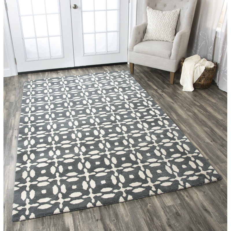 Tapis en laine touffeté à la main à motif géométrique gris, Rectangle de 5 pi x 8 pi