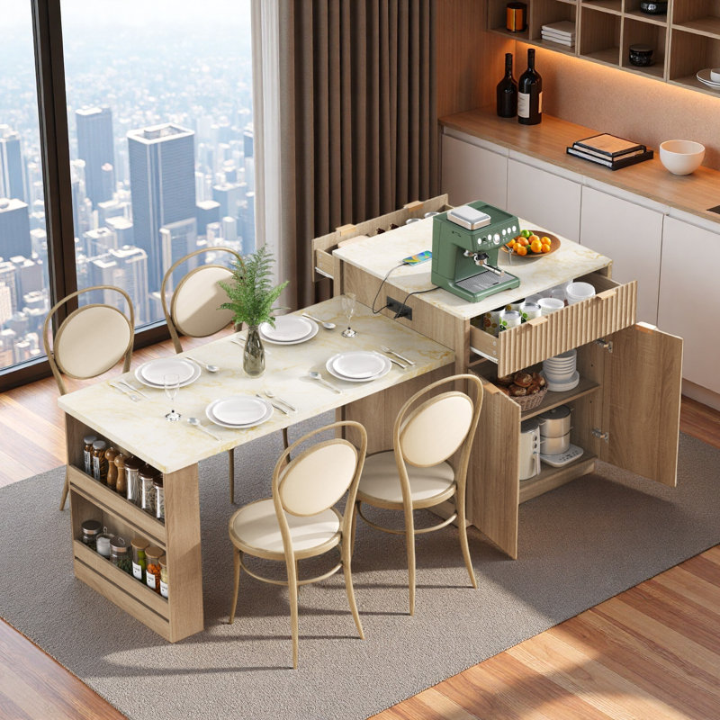 Îlot de cuisine cannelé avec table de salle à manger extensible, prise de courant, rangement double, 2 tiroirs et 2 tablettes ouvertes latérales