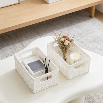Paniers de rangement en corde de papier tissés à la main avec poignées, 2 paniers de rangement en osier pour la salle de bain, le salon et la décoration intérieure