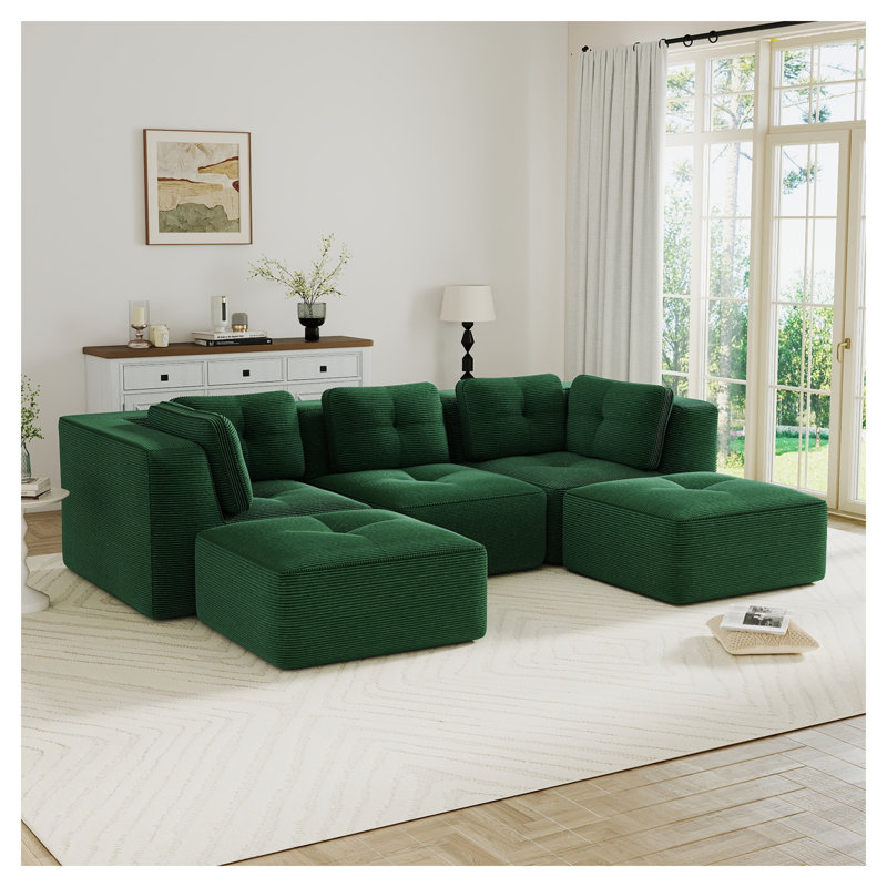 Canapé modulaire en U Emerald, Velours côtelé vert, H 27,1 po x l 116,9 po x P 40,9 po