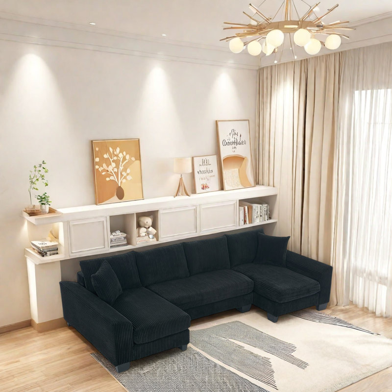 Canapé modulaire en U en velours côtelé avec méridienne, canapé-lit escamotable, 4 coussins de dossier et 2 coussins, canapé convertible moderne pour salon, appartement