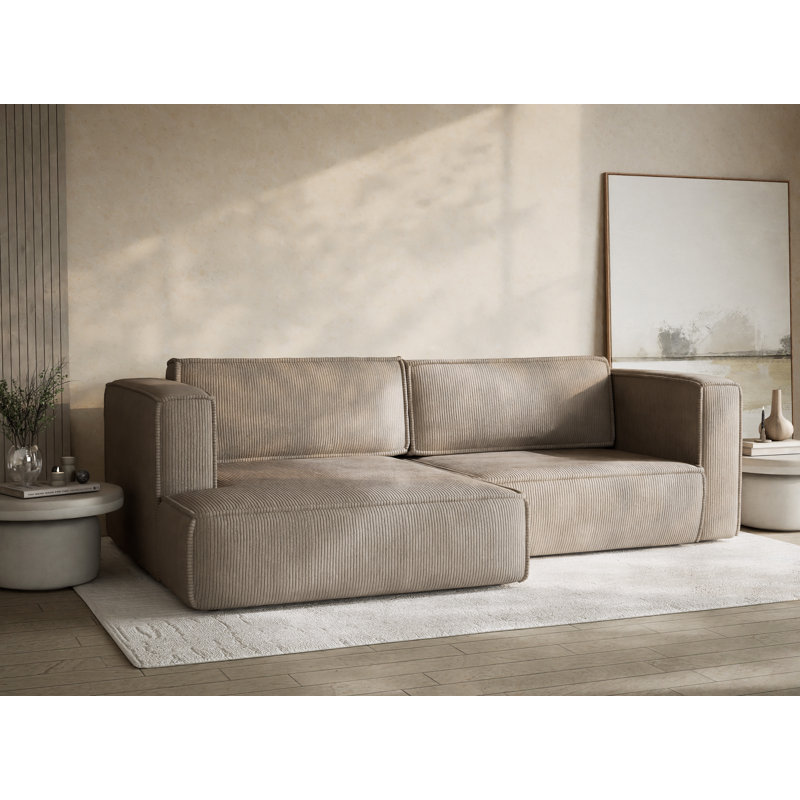Four-Seater Corner Sofa With Bed Function, Left Hand Facing, Beige Polyester/Velvet