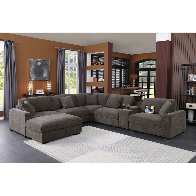 Modern Upholstered Cloud Modular Corner Sectional Sofa With Consoles, Dark Gray Chenille, 36" H x 137.5" W x 124" D