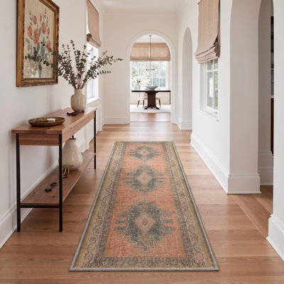 Tapis de couloir oriental corail / gris lavable à la machine avec envers antidérapant