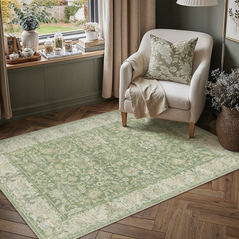 Tapis oriental lavable en machine Nestiva, Vert, Rectangle 3 pi x 5 pi