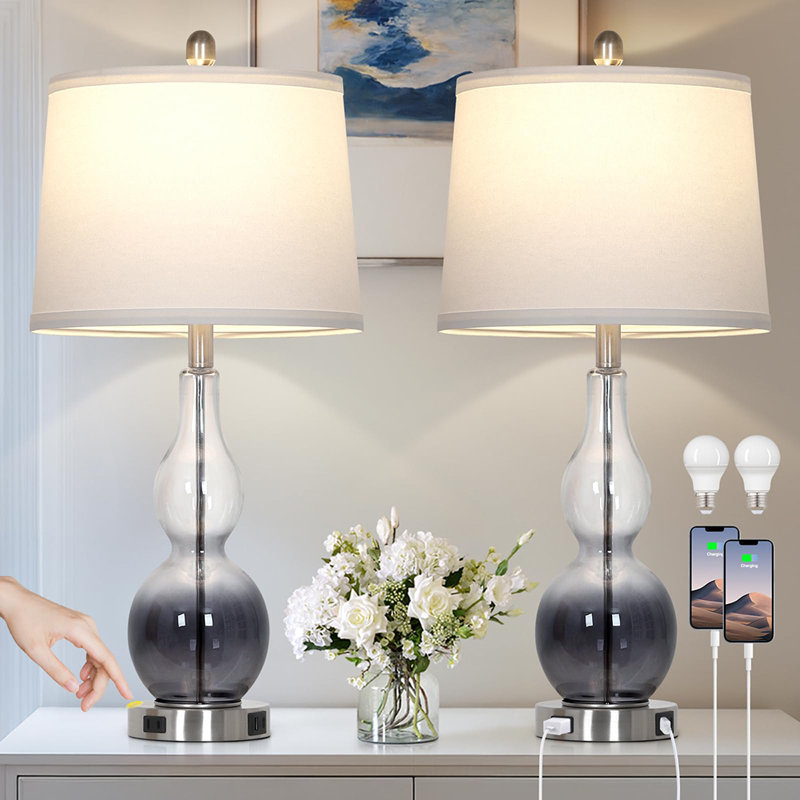 Ensemble de 2 lampes de table en verre 27,5 pouces à 3 niveaux de lumière à contrôle tactile avec port USB et prise de courant