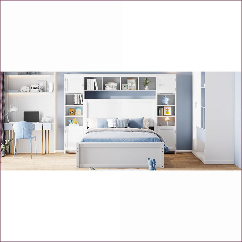 Lit plateforme double en bois avec armoire de rangement, tablette et amp; Outlets, lit gigogne simple blanc pour chambre à coucher