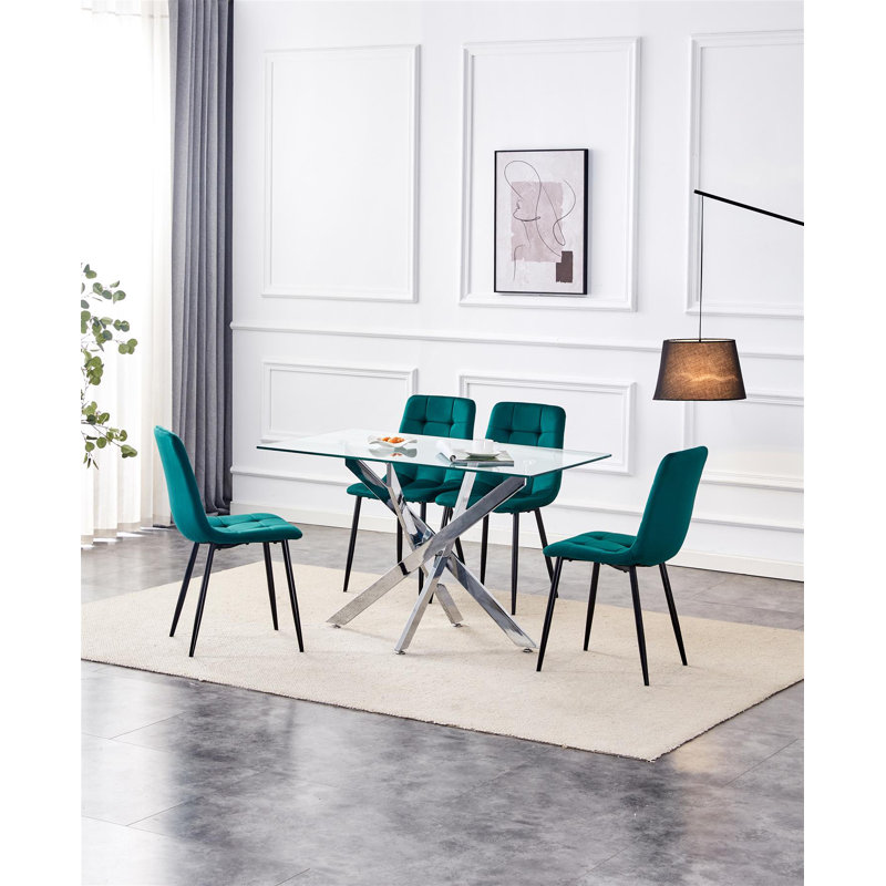 Dining Table and 4 Chairs Rectangle Table 4 Velvet Chairs Dining Set, Green