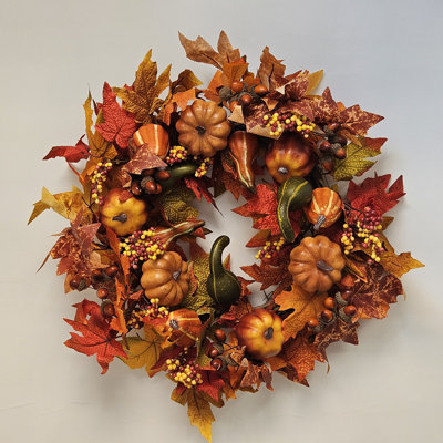 Couronnes artificielles de 56 cm (22 pouces), couronne d'automne avec citrouille et feuilles d'érable, décorations de fête pour l'intérieur et l'extérieur