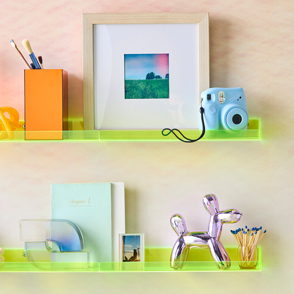 Neon green shelf with decor