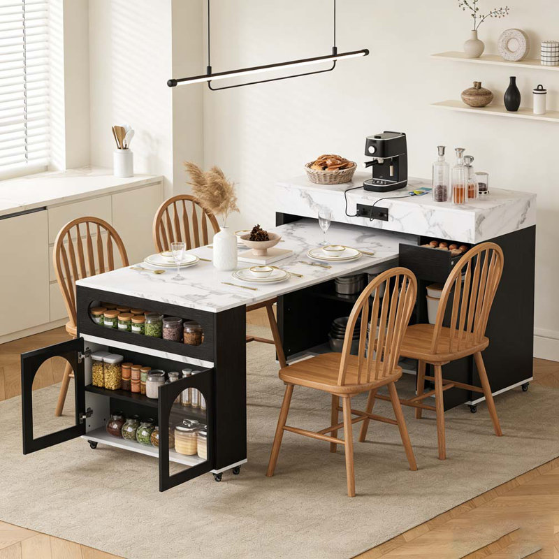 Extendable Dining Table with Extra-Long Folding Top, Rolling Kitchen Island with Drawers, Power Outlet and Brake lock, Storage Cabinet