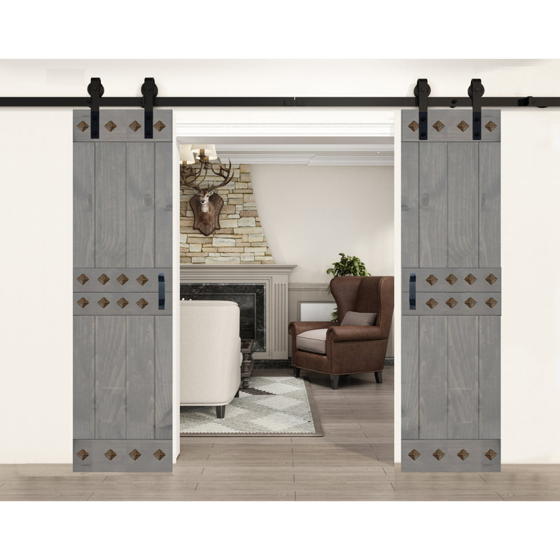 Porte de grange à panneaux et en bois avec quincaillerie d'installation, 48 po x 84 po, Gris français