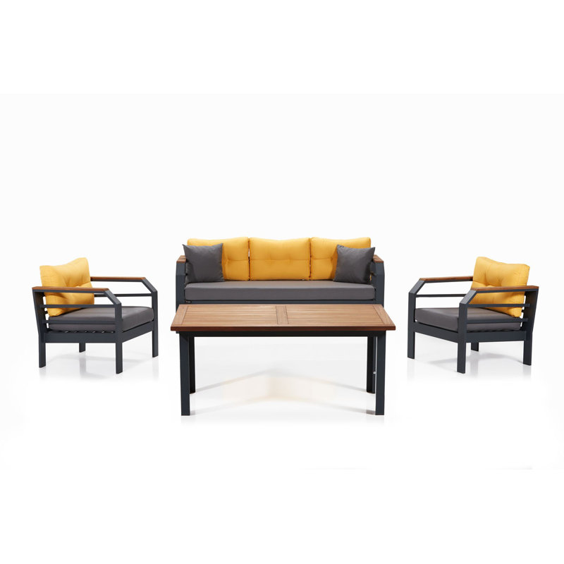 Ensemble de salon Modern Garden, 3 pièces (2 fauteuils à oreilles + table basse), jaune et gris | Cadre 100% aluminium, tissu 100% acrylique, plateau de table en bois Iroko | Canapé 67 po x 28 po x 30 po | Conception facile à nettoyer, élégante et confortable, capacité de 440 lb