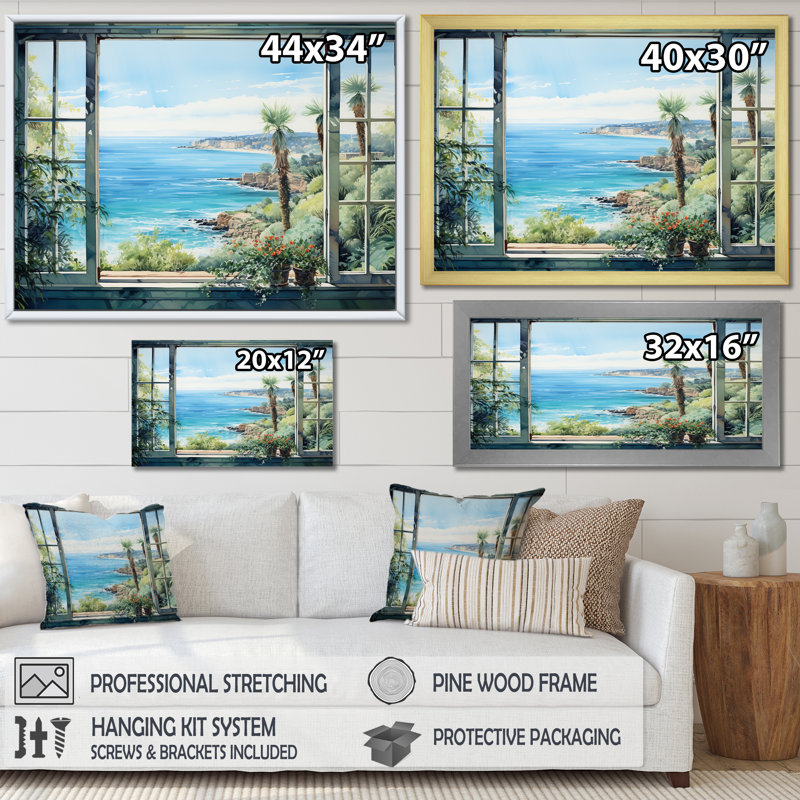 Seaside, vue tropicale II - fenêtres côtières, art mural, H 12 po x l 20 po x P 1 po, Cadre d'angle fermé noir