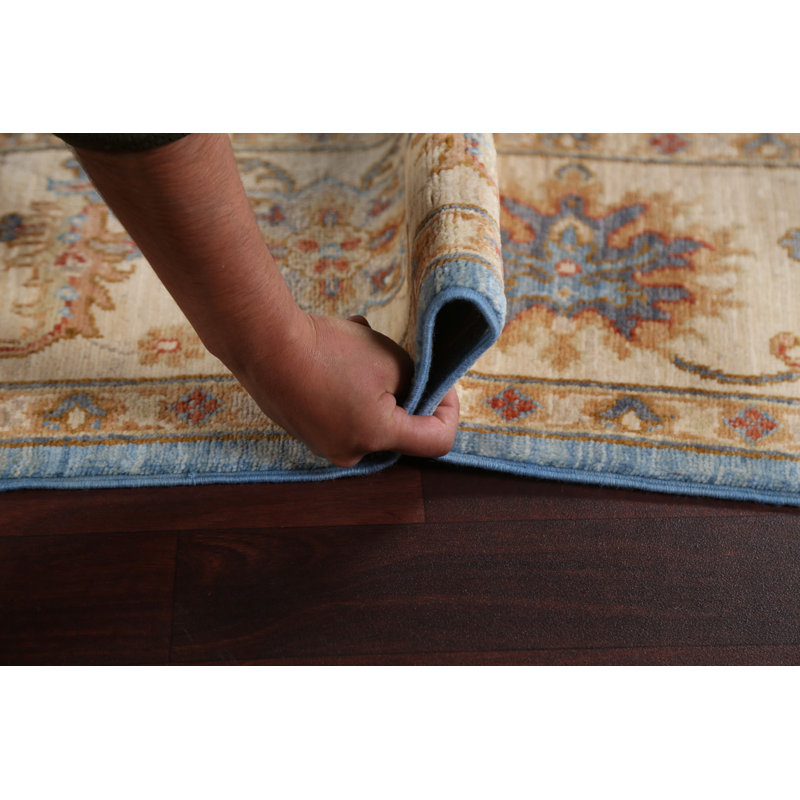 Tapis bleu en laine noué à la main de conception unique 6 pi 6 po x 9 pi 8 po