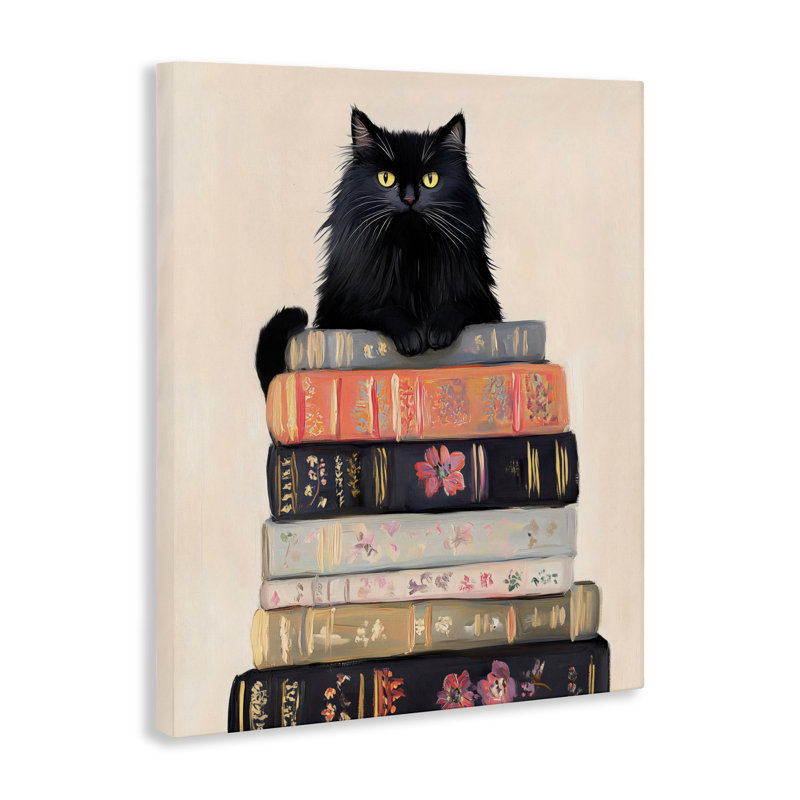 Pile de livres, toile de chat noir, conception par Arlington Prints, H 20 po x l 16 po