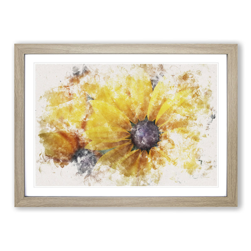 Yellow Coneflowers Watercolour - Picture Frame Graphic Art, 45cm H x 63cm W x 2cm D, Oak