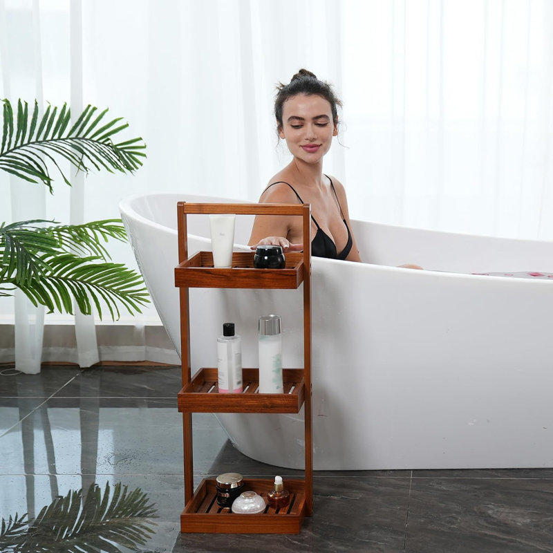 Panier de rangement en teck pour coin de douche avec tablette à 3 niveaux et poignée