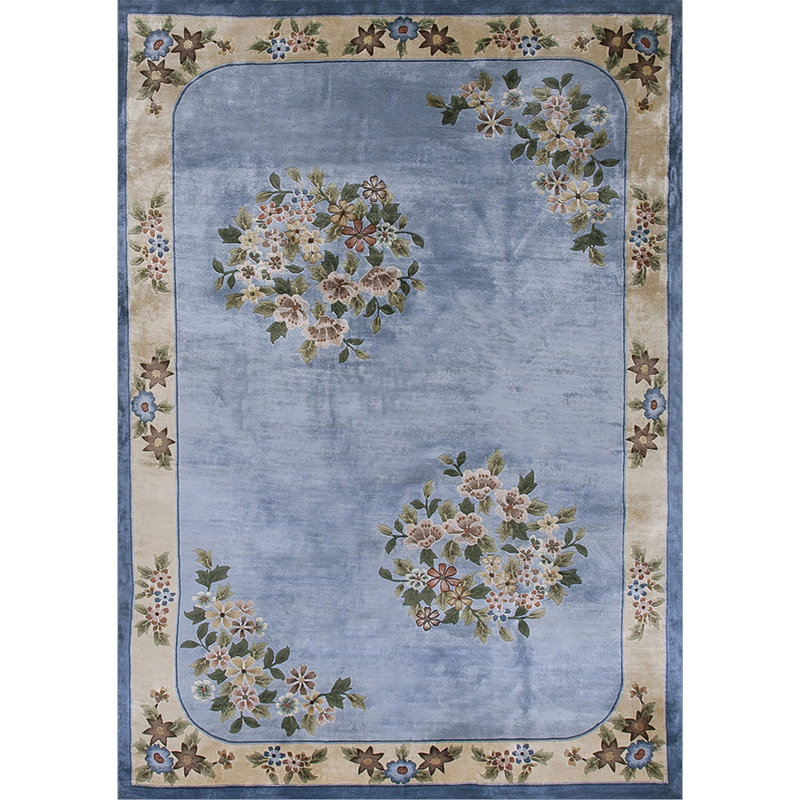 Luxurious Silk Pile Vintage Light Blue Color Chinese Deco Design Rug