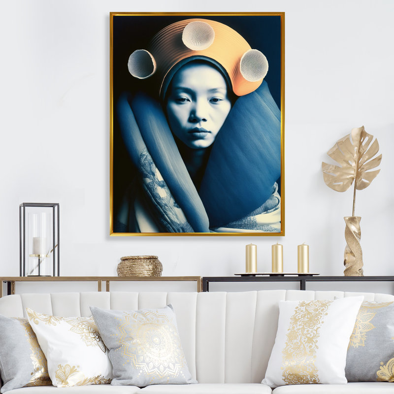 Ellissa Avant Garde, modèle en or et bleu rétro sur toile, H 32 po x l 24 po x P 1 po, Cadre flottant doré