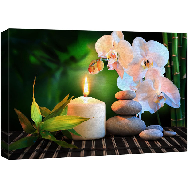 Relaxing Zen Candle White Orchid Massage Stone Bamboo Forest Nature Yoga On Canvas Print, 16" H x 24" W x 1.5" D