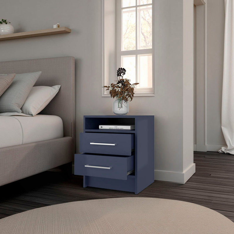 Table de chevet H 19,9 po, 2 tiroirs, 1 tablette, bleu Alby - Chambre