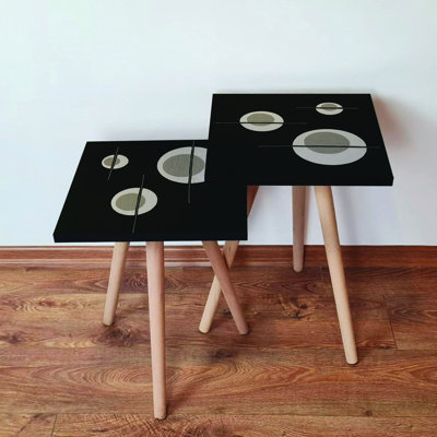 Modern Nesting Table Set (2 Pieces), Black & Beige with Grey, 13.8 x 18.5 x 13.8 inches & 13.8 x 16.5 x 13.8 inches | 100% MDF with Beech Wood Legs, Stylish Geometric Design for Contemporary Living Spaces