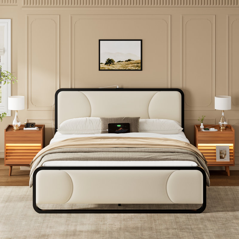Ensemble de chambre à coucher 3 pièces, lit tapissier avec 2 tiroirs et 2 tables de chevet, Beige / caramel, Grand
