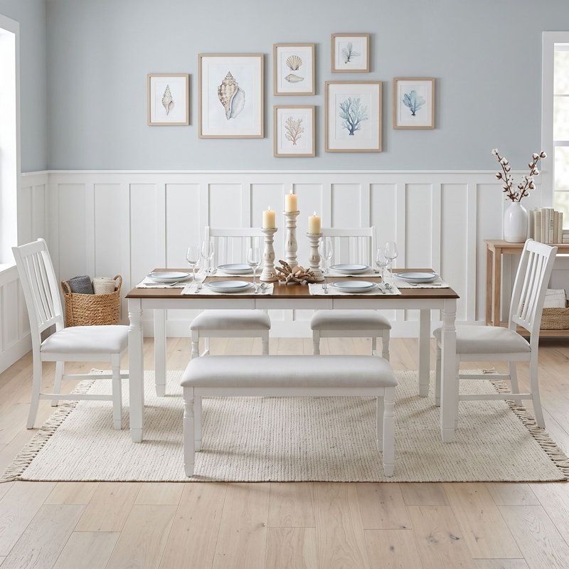 Ensemble de table de salle à manger six pièces avec quatre chaises rembourrées et banc, Beige brun
