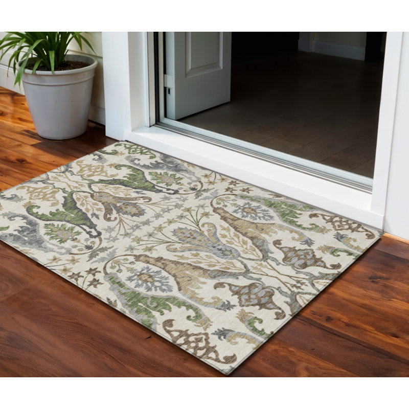 Tapis extérieur lavable floral vert ivoire et brun 3 pi x 5 pi